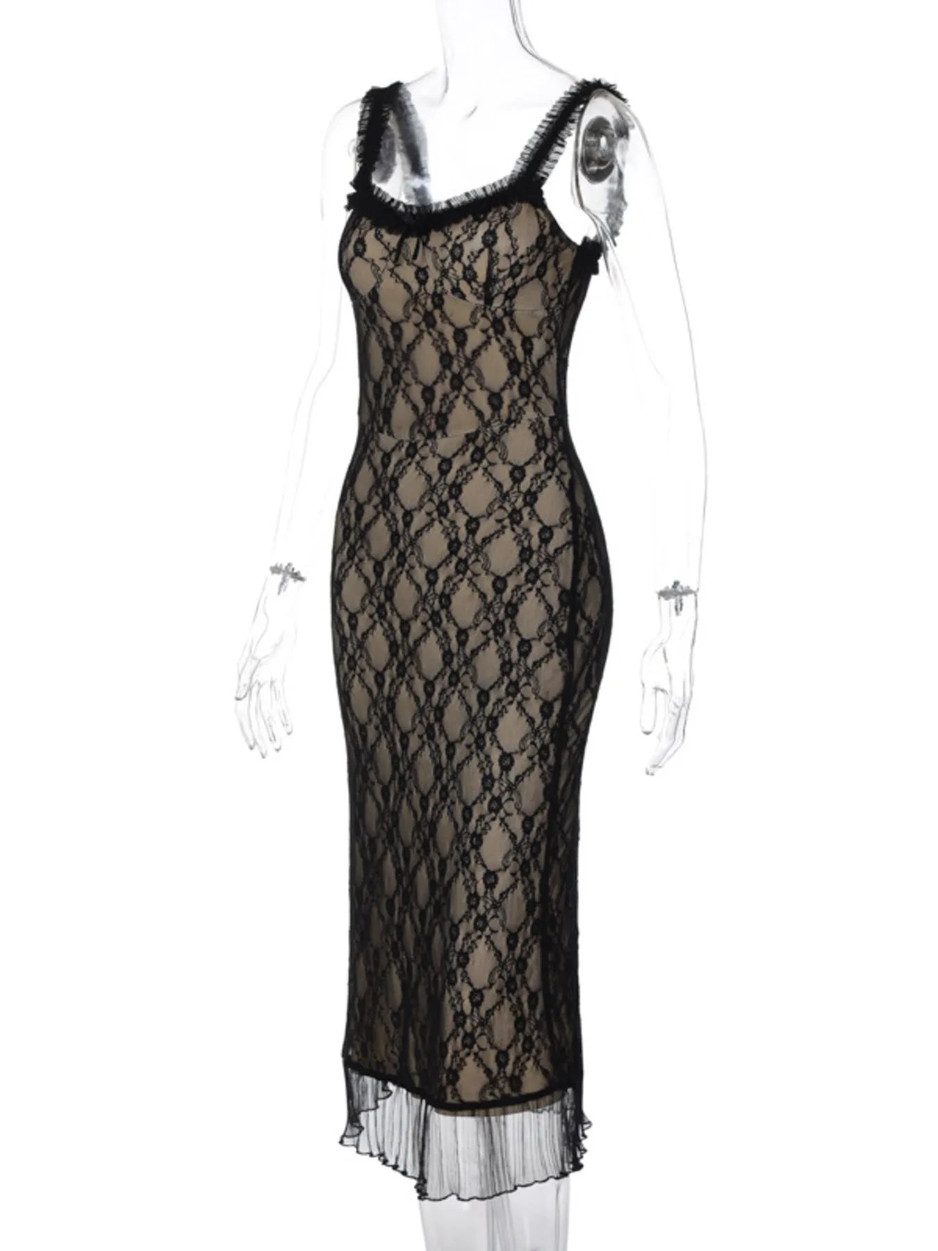 Black lace dress on a mannequin against a white background